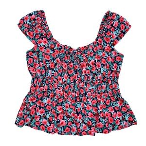 Old Navy Floral Fitted Tie Front Smocked Top Large Lightweight Flirty Feminine